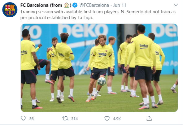 Semedo out of team training after breaching social distancing